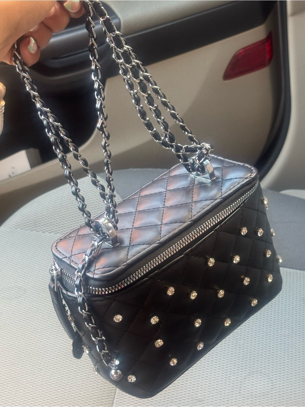 SHEIN Black Quilted Mini Bag with Crystal Studs and Chain Strap
